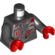 Visuel indicatif Rebrickable de Torse, Gilet avec '103', Caractère asiatique, 'G' imprimé, bras noirs, mains rouges (Torso, Vest with '103', Asian Character, 'G' Print, Black Arms, Red Hands)
