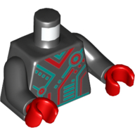 Torse, rouge et foncé Turquoise circuit imprimé, bras noirs, mains rouges (Torso, Red and Dark Turquoise Circuitry Print, Black Arms, Red Hands)