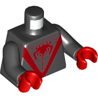 Visuel indicatif Rebrickable de Torse, corps, sangle rouge, épais 'V' et motif imprimé araignée, bras noirs, mains rouges (Torso, Bodysuit, Red Webbing, Thick 'V' and Spider Print, Black Arms, Red Hands)