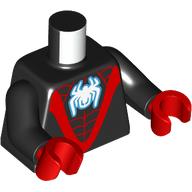 Visuel indicatif Rebrickable de Torse, corps, Sangle rouge et épais 'V', motif imprimé araignée blanche, bras noirs, mains rouges (Torso, Bodysuit, Red Webbing and Thick 'V', White Spider Print, Black Arms, Red Hands)