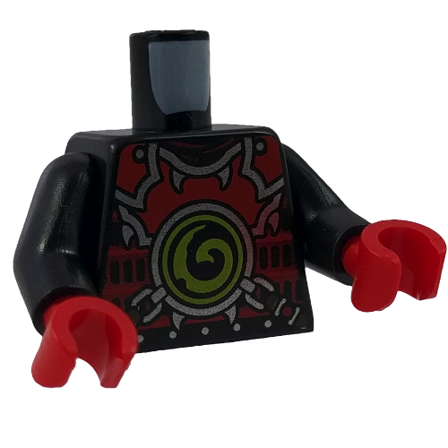 Visuel indicatif Rebrickable de Torse, armure rouge avec médaillon tourbillon de vert citron / ceintures sur le dos motif imprimé, bras noirs, mains rouges (Torso, Red Armor with Lime Swirl Medallion / Belts on Back Print, Black Arms, Red Hands)