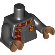 Visuel indicatif Rebrickable de Torse, robe fermée au-dessus du pull, écharpe rouge foncé et orange clair vif, motif imprimé blason gryffondor, bras noirs, mains nougat moyen (Torso, Robe Clasped over Sweater, Dark Red and Bright Light Orange Scarf, Gryffindor Crest Print, Black Arms, Medium Nougat Hands)