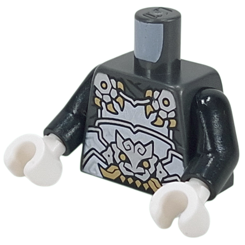 Visuel indicatif Rebrickable de Torse, placage d'armure argent, wolff, crocs de pliage, symboles asiatiques rouge foncé sur le dos motif imprimé, bras noirs, mains blanches (Torso, Silver Armor Plating, Wolff, Fold Fangs, Dark Red Asian Symbols on Back Print, Black Arms, White Hands)