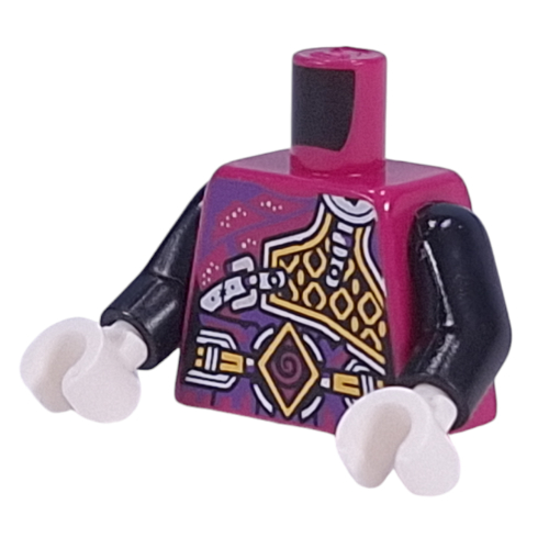 Visuel indicatif Rebrickable de Torse, armure de poitrine jaune clair argent/brillant, sangles de silber, lignes magenta, ceinture avec motif imprimé lumineux jaune clair/magenta symbole diamant, bras noirs, mains blanches (Torso, Silver/Bright Light Yellow Chest Armor, Silber Straps, Magenta Lines, Belt with Bright Light Yellow/Magenta Diamond Symbol Print, Black Arms, White Hands)