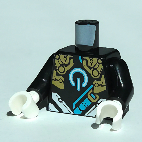 Torse, bouton on/off azur moyen, armure blanche et dorée, motif imprimé bracelet azur moyen, bras noirs, mains blanches (Torso, Medium Azure On/Off Button, White/Gold Armor, Medium Azure Strap Print, Black Arms, White Hands)