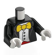 Visuel indicatif Rebrickable de Torse, veste, chemise blanche, pantalon rouge, noeud papillon jaune (souris Mickey) motif imprimé, bras noirs, mains blanches (Torso, Jacket, White Shirt, Red Pants, Yellow Bow Tie (Mickey Mouse) Print, Black Arms, White Hands)