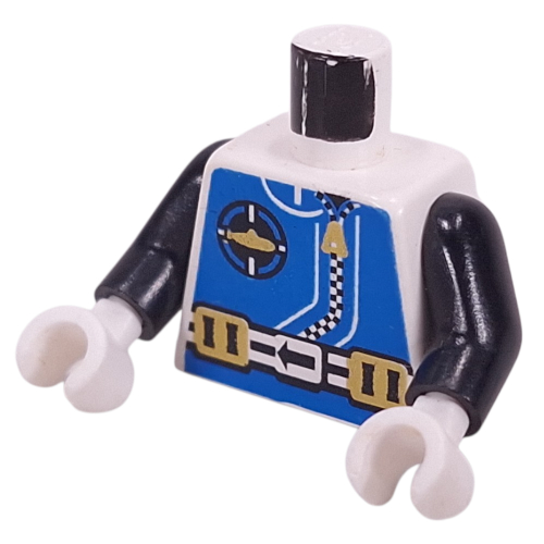 Visuel indicatif Rebrickable de Torse, combinaison, aquanaut sous logo, fermeture éclair, et le poids ceinture motif imprimé, bras noirs, mains blanches (Torso, Wetsuit, Aquanaut Sub Logo, Zipper, and Weight Belt Print, Black Arms, White Hands)