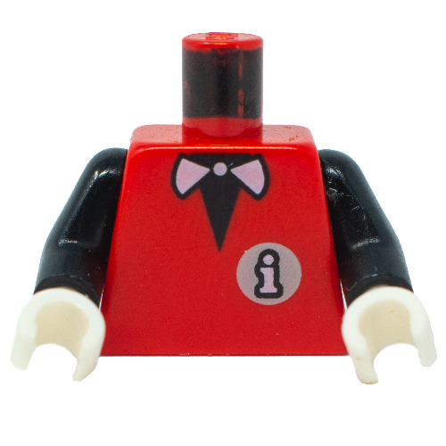Visuel indicatif Rebrickable de Torse, Infomaniac avec noeud papillon / Logo LEGO sur le dos motif imprimé, bras noirs, mains blanches (Torso, Infomaniac with Bow Tie / LEGO Logo on Back Print, Black Arms, White Hands)