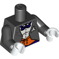 Torse, costume avec gilet orange, motif imprimé noeud papillon violet, bras noirs, mains blanches (Torso, Suit with Orange Vest, Purple Bow Tie Print, Black Arms, White Hands)