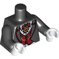 Visuel indicatif Rebrickable de Torse, tenue avec gilet rouge foncé et nœud papillon, chaîne en or et médaillon motif imprimé (Vampire), bras noirs, mains blanches (Torso, Suit with Dark Red Vest and Bow Tie, Gold Chain and Medallion Print (Vampire), Black Arms, White Hands)