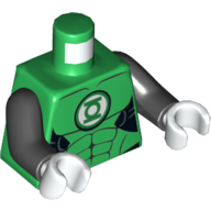 Visuel indicatif Rebrickable de Torse, muscles avec logo lanterne verte sur fond blanc motif imprimé, bras noirs, mains blanches (Torso, Muscles with Green Lantern Logo on White Background Print, Black Arms, White Hands)