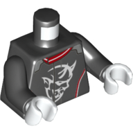 Visuel indicatif Rebrickable de Torse, Veste de course, Bord rouge et blanc, Blanc Tête de démon imprimé, bras noirs, mains blanches (Torso, Racing Jacket, Red and White Trim, White Demon Head Print, Black Arms, White Hands)