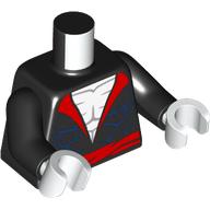 Visuel indicatif Rebrickable de Torse, veste, col rouge, ceinture, poches bleu foncé, motif imprimé blanc poitrine nue, bras noirs, mains blanches (Torso, Jacket, Red Collar, Belt, Dark Blue Pockets, White Bare Chest Print, Black Arms, White Hands)