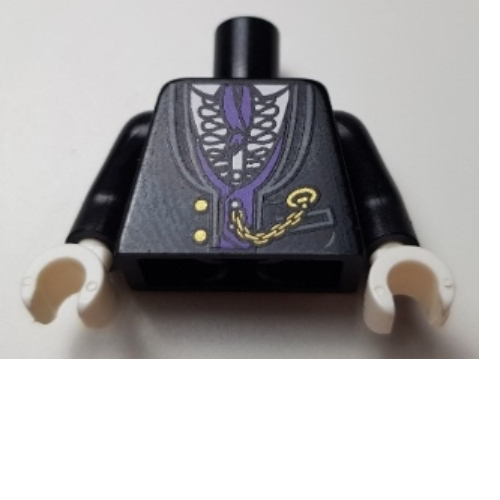 Visuel indicatif Rebrickable de Torse, veste formelle avec chemise blanche avec franges, gilet violet foncé et cravate, or chaîne de montre motif imprimé, bras noirs, mains blanches (Torso, Jacket Formal with White Shirt with Frills, Dark Purple Vest and Cravat, Gold Watch Chain Print, Black Arms, White Hands)