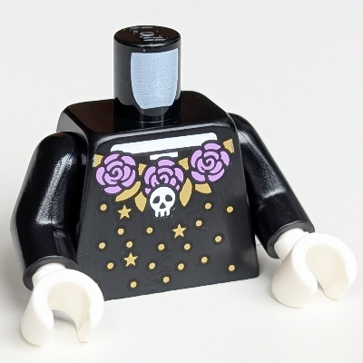 Visuel indicatif Rebrickable de Torse, robe, Catrina, squelette blanc, crâne, fleurs de lavande moyennes, étoiles d'or et motif imprimé points, bras noirs, mains blanches (Torso, Dress, Catrina, White Skeleton, Skull, Medium Lavender Flowers, Gold Stars and Dots Print, Black Arms, White Hands)