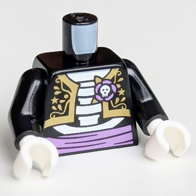 Visuel indicatif Rebrickable de Torse, veste, Catrin/Mariachi, Squelette blanc, Crâne, Cummerbund lavande moyen et fleur, Motif imprimé décorations or, bras noirs, mains blanches (Torso, Jacket, Catrin/Mariachi, White Skeleton, Skull, Medium Lavender Cummerbund and Flower, Gold Decorations Print, Black Arms, White Hands)