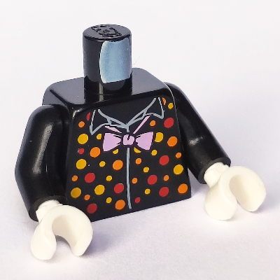 Visuel indicatif Rebrickable de Torse, chemise, points orange et jaune et rouge, noeud papillon rose vif motif imprimé, bras noirs, mains blanches (Torso, Shirt, Orange and Yellow and Red Dots, Bright Pink Bow Tie Print, Black Arms, White Hands)