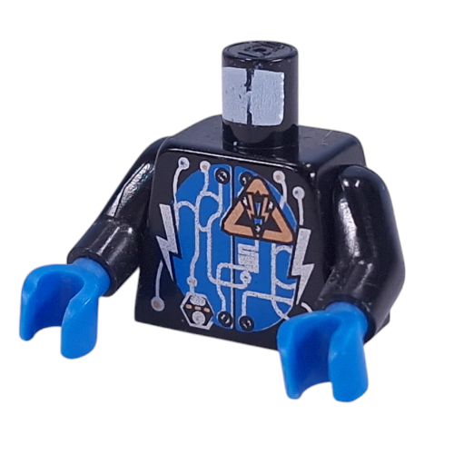 Torse, insectoïdes argent circuit, éclairs sur cercle bleu motif imprimé, bras noirs, mains bleues (Torso, Insectoids Silver Circuitry, Lightning Bolts over Blue Circle Print, Black Arms, Blue Hands)