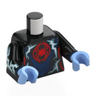 Torse, muscles, araignée rouge, armure bleu foncé, métal bleu foudre boulons motif imprimé, bras noirs, mains bleu clair vif (Torso, Muscles, Red Spider, Dark Blue Armor, Metal Blue Lightning Bolts Print, Black Arms, Bright Light Blue Hands)