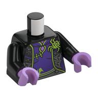 Visuel indicatif Rebrickable de Torse, robe, chemise violet foncé, garniture de vert citron, araignée, toiles d'argent motif imprimé, bras noirs, mains lavande moyen (Torso, Robe, Dark Purple Shirt, Lime Trim, Spider, Silver Webs Print, Black Arms, Medium Lavender Hands)