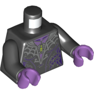 Visuel indicatif Rebrickable de Torse, robe, sangle gris bleuté foncé, sous-vêtement lavande moyen avec motif imprimé araignée de vert citron, bras noirs, mains lavande moyen (Torso, Dress, Dark Bluish Gray Webbing, Medium Lavender Undershirt with Lime Spider Print, Black Arms, Medium Lavender Hands)