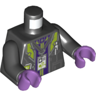 Visuel indicatif Rebrickable de Torse, Veste avec revers en vert citron, Stylo en poche, Lanière avec badge d'identité imprimé, bras noirs, mains lavande moyen (Torso, Jacket with Lime Lapels, Pen in Pocket, Lanyard with ID Badge Print, Black Arms, Medium Lavender Hands)