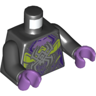 Visuel indicatif Rebrickable de Torse, robe, araignée gris foncé bleuâtre, lavande moyenne, violet foncé et citron motif imprimé détaillé, bras noirs, mains lavande moyen (Torso, Dress, Dark Bluish Gray Spider, Medium Lavender, Dark Purple and Lime Detailing Print, Black Arms, Medium Lavender Hands)