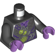 Visuel indicatif Rebrickable de Torse, veste avec garniture en fourrure, chaîne avec bouteilles rondes de vert citron, violet foncé détail motif imprimé, bras noirs, mains lavande moyen (Torso, Jacket with Fur Trim, Chain with Lime Round Bottles, Dark Purple Detailing Print, Black Arms, Medium Lavender Hands)