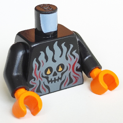 Visuel indicatif Rebrickable de Torse, sombre gris bleuté et rouge flammes et crâne motif imprimé, bras noirs, mains orange (Torso, Dark Bluish Grey and Red Flames and Skull Print, Black Arms, Orange Hands)