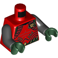 Visuel indicatif Rebrickable de Torse, Combinaison, Muscles, Logo 'R', vert foncé et motif imprimé ceinture or, bras noirs, mains vert foncé (Torso, Jumpsuit, Muscles, 'R' Logo, Dark Green and Gold Belt Print, Black Arms, Dark Green Hands)
