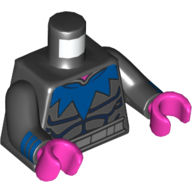 Visuel indicatif Rebrickable de Torse, Muscles, Col pointu bleu foncé, motif : ceinture argentée, Bras noirs avec motif imprimé manchettes bleu foncé, mains rose foncé (Torso, Muscles, Dark Blue Pointed Collar, Silver Belt Print, Black Arms with Dark Blue Cuffs Print, Dark Pink Hands)