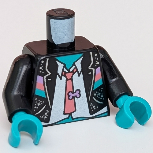 Torse, veste, chemise blanche, cravate corail avec os de lavande, motif imprimé de paillettes, bras noirs, mains turquoise foncé (Torso, Jacket, White Shirt, Coral Tie with Lavender Bone, Glitter Print, Black Arms, Dark Turquoise Hands)
