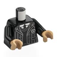 Torse, veste rayée gris bleuté foncé avec blanc 'N', pull noir, chemise blanche, motif : cravate noire, bras noirs, mains beige chaud (Torso, Dark Bluish Grey Striped Jacket with White 'N', Black Sweater, White Shirt, Black Tie Print, Black Arms, Warm Tan Hands)