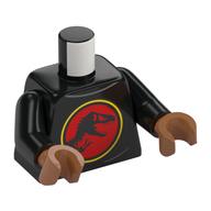 Torse, symbole jurassique de parc, dino noir sur fond rouge, motif imprimé cercle jaune, bras noirs, mains brun terre de sienne (Torso, Jurassic Park Symbol, Black Dino on Red Field, Yellow Circle Print, Black Arms, Sienna Brown Hands)