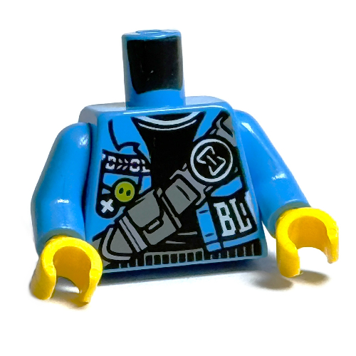 Visuel indicatif Rebrickable de Torse, veste, bracelets gris bleuté foncé avec poche, sablier noir et blanc, motif imprimé chemise noire, bras azur foncé, mains jaunes (Torso, Jacket, Dark Bluish Grey Straps with Pocket, Black and White Hourglass, Black Shirt Print, Dark Azure Arms, Yellow Hands)