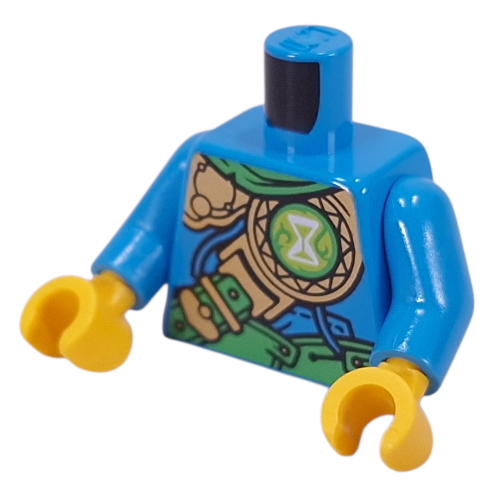 Torse, bracelet vert, armure dorée, sablier blanc sur motif imprimé cercle de vert citron, bras azur foncé, mains jaunes (Torso, Green Strap, Gold Armor, White Hourglass on Lime Circle Print, Dark Azure Arms, Yellow Hands)