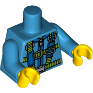 Visuel indicatif Rebrickable de Torse, combinaison, bleu et vert citron sangles de harnais de parachute et motif imprimé de boucles d'argent, bras azur foncé, mains jaunes (Torso, Jumpsuit, Blue and Lime Parachute Harness Straps and Silver Buckles Print, Dark Azure Arms, Yellow Hands)