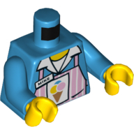 Visuel indicatif Rebrickable de Torse, Tablier rose avec rayures blanches avec cône de crème glacée et 'MIKE' Nom Étiquette motif imprimé, bras azur foncé, mains jaunes (Torso, Pink Apron with White Stripes with Ice Cream Cone and 'MIKE' Name Tag Print, Dark Azure Arms, Yellow Hands)