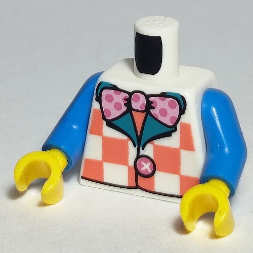 Visuel indicatif Rebrickable de Torse, gilet à carreaux de corail, noeud papillon rose vif imprimé, bras azur foncé, mains jaunes (Torso, Vest with Coral Checks, Bright Pink Polka Dot Bow Tie Print, Dark Azure Arms, Yellow Hands)