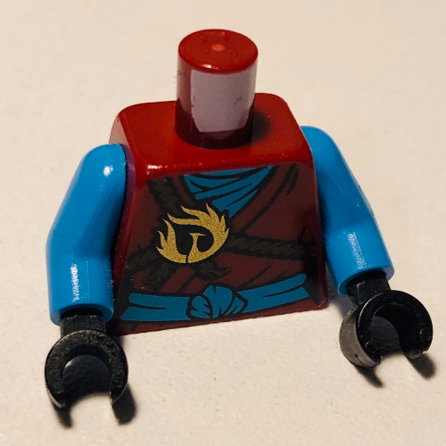Visuel indicatif Rebrickable de Torse, corde brune, phénix d'or, et motif imprimé ceinture, bras azur foncé, mains noires (Torso, Brown Rope, Gold Phoenix, and Sash Print, Dark Azure Arms, Black Hands)