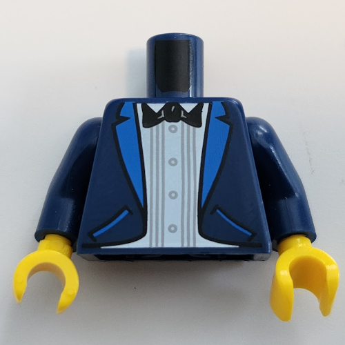 Visuel indicatif Rebrickable de Torse, veste, chemise blanche, motif : nœud papillon noir, avec bras bleu foncé et mains jaunes (Torso, Jacket, White Shirt, Black Bow Tie Print, with Dark Blue Arms and Yellow Hands)