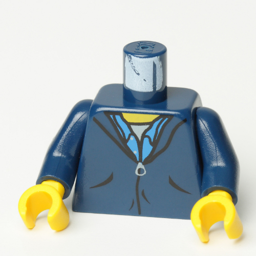 Visuel indicatif Rebrickable de Torse, veste avec fermeture à glissière et col chemise bleu motif imprimé, bras bleu foncé, mains jaunes (Torso, Jacket with Zipper and Blue Shirt Collar Print, Dark Blue Arms, Yellow Hands)