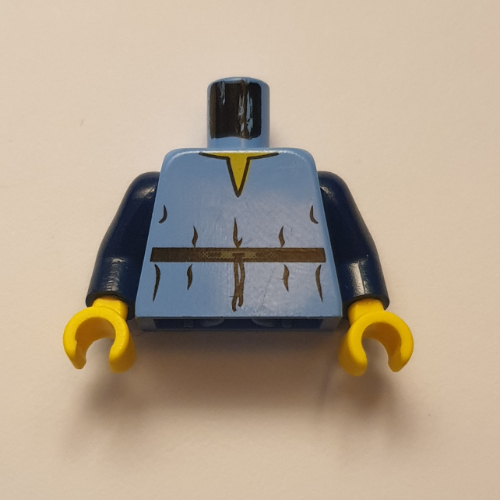 Visuel indicatif Rebrickable de Torse, chemise à col en V et ceinture haute motif imprimé (Boba Fett Young), bras bleu foncé, mains jaunes (Torso, V-Neck Shirt and High Tie Belt Print (Boba Fett Young), Dark Blue Arms, Yellow Hands)