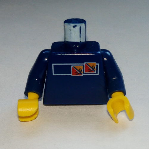 Torse, jeux de gravité avec logo rouge et orange motif imprimé, bras bleu foncé, mains jaunes (Torso, Gravity Games with Red and Orange Logos Print, Dark Blue Arms, Yellow Hands)