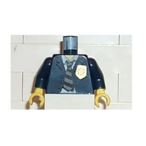 Visuel indicatif Rebrickable de Torse, costume de police avec insigne d'or et motif imprimé cravate rayée, bras bleu foncé, mains jaunes (Torso, Police Suit with Gold Badge and Striped Tie Print, Dark Blue Arms, Yellow Hands)