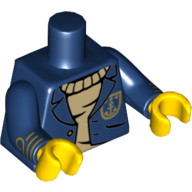 Torse, veste ouverte avec boutons dorés et ancre sur pull beige motif imprimé, bras bleu foncé avec rayures dorées, mains jaunes (Torso, Jacket Open with Gold Buttons and Anchor over Tan Sweater Print, Dark Blue Arms with Gold Stripes, Yellow Hands)
