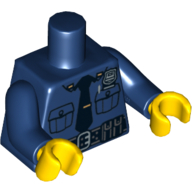 Visuel indicatif Rebrickable de Torse, Chemise de police avec badge argenté, poches, stylo, motif : cravate noire et ceinture, bras bleu foncé, mains jaunes (Torso, Police Shirt with Silver Badge, Pockets, Pen, Black Tie and Belt Print, Dark Blue Arms, Yellow Hands)