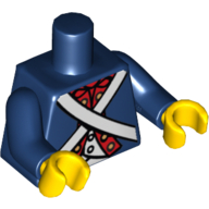 Visuel indicatif Rebrickable de Torse, Manteau de soldat avec ceintures croisées blanches et patte de boutonnage rouge avec motif imprimé de boutons d'or, bras bleu foncé, mains jaunes (Torso, Soldier Coat with White Crossed Belts and Red Placket with Gold Buttons Print, Dark Blue Arms, Yellow Hands)