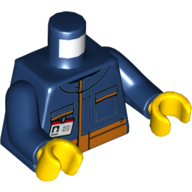 Torse, Veste à rayures orange, Poches, Motif imprimé avec étiquette de nom, bras bleu foncé, mains jaunes (Torso, Jacket with Orange Stripe, Pockets, Name Tag Print, Dark Blue Arms, Yellow Hands)