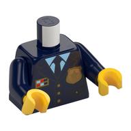 Visuel indicatif Rebrickable de Torse, Veste avec insigne de police d'or et boutons, Chemise bleu clair lumineux avec motif imprimé cravate, bras bleu foncé, mains jaunes (Torso, Jacket with Gold Police Badge and Buttons, Bright Light Blue Shirt with Tie Print, Dark Blue Arms, Yellow Hands)